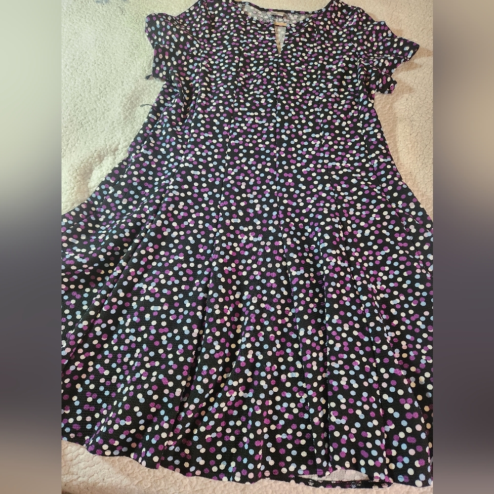 Avenue Size 18/20 Fit and Flare Black Dress with Purple,Blue and White PolkaDots